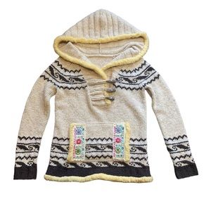 FREE PEOPLE Eskimo Wool Blend Tan Beige Hooded Faux Fur Trim Sweater Size S?